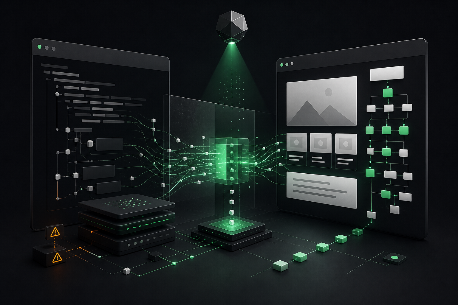 Abstract JavaScript SEO rendering pipeline connecting raw HTML to a rendered website